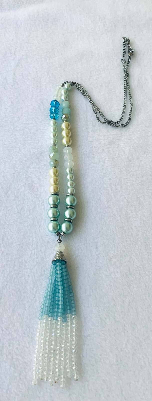 Long Turquoise Pearl/Crystal Tassel Necklace